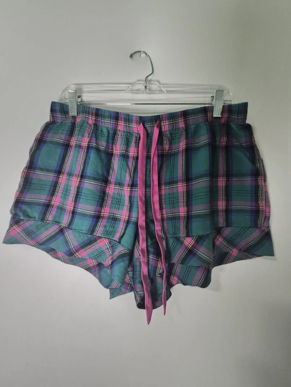 Victoria's Secret Plaid Pajama Short Set L Green Pink Cotton Modal 2pc